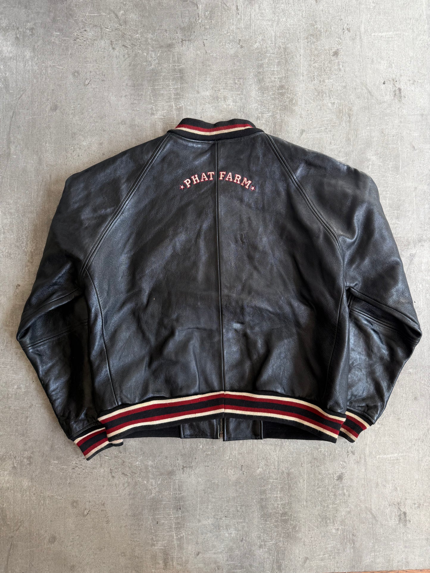 Phat Farm Spellout Weathered Varsity Leather Jacket