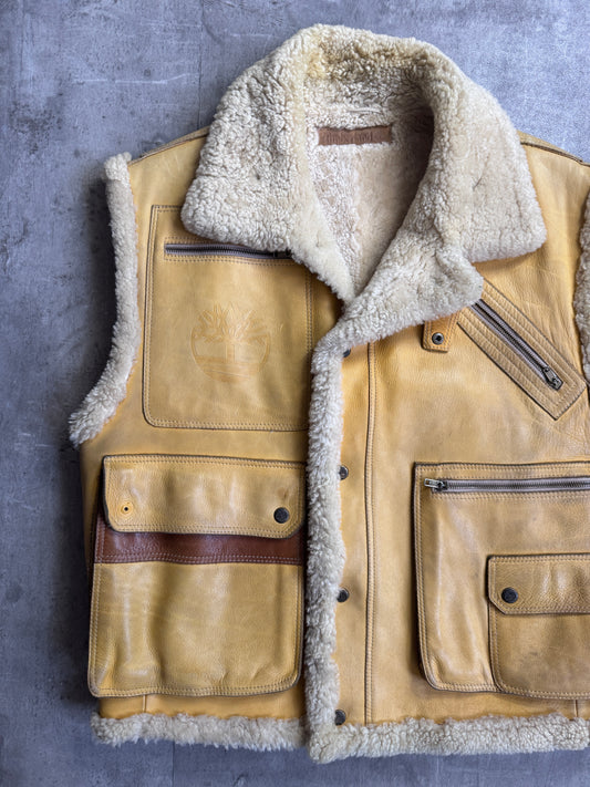1990's Timberland Shearling Yellow Leather Aviator Gilet