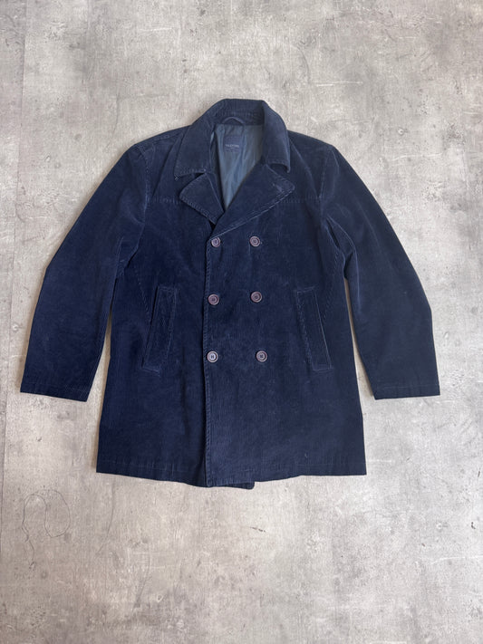 Valentino Double Breasted Navy Corduroy Overcoat