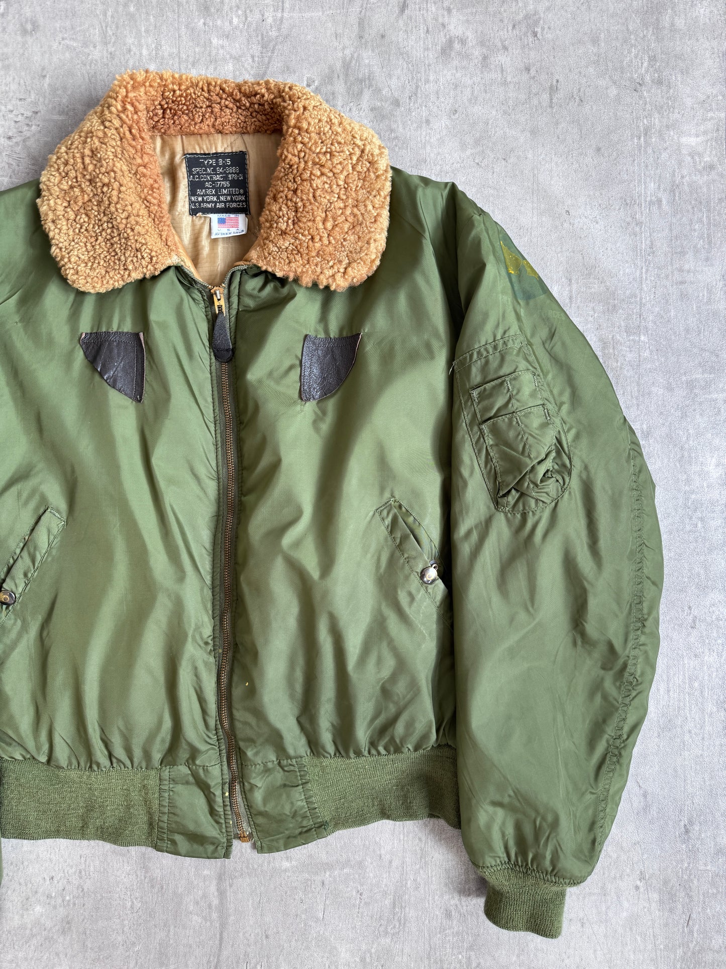 1980's Avirex B-15 Boucle Collar Khaki Military Flight Bomber Jacket