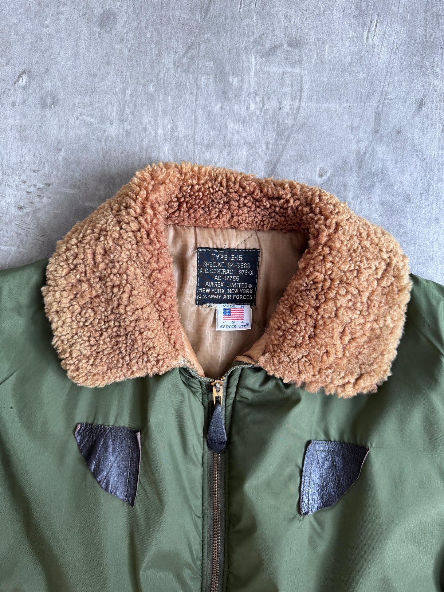 1980's Avirex B-15 Boucle Collar Khaki Military Flight Bomber Jacket