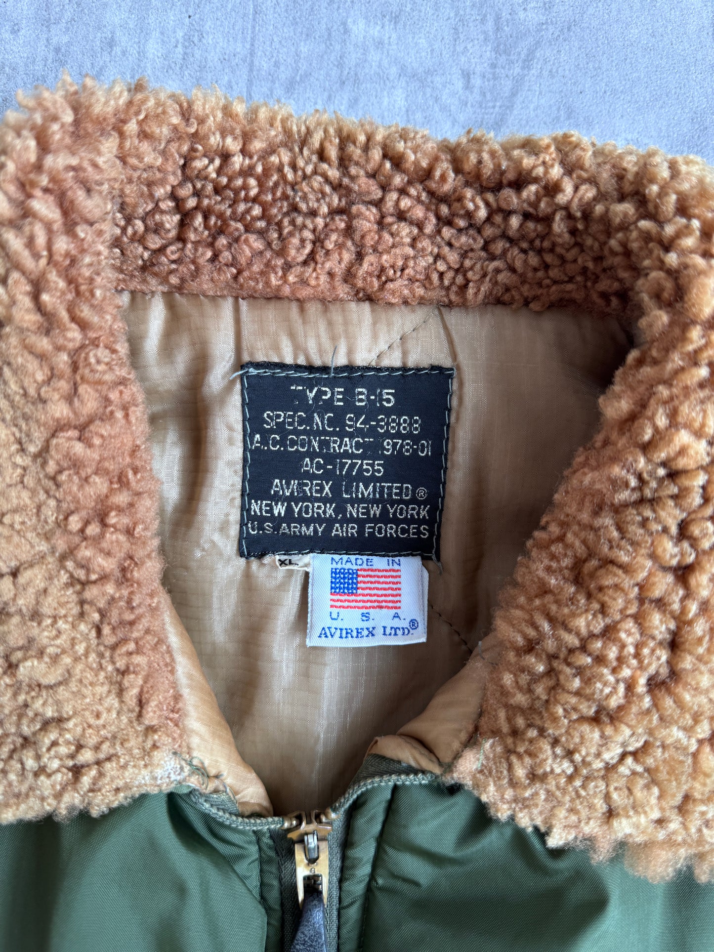 1980's Avirex B-15 Boucle Collar Khaki Military Flight Bomber Jacket