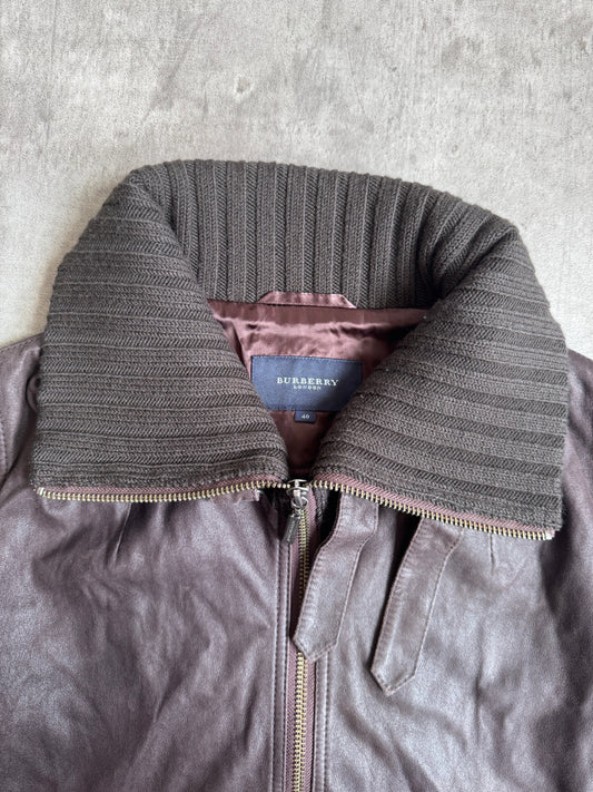 Burberry London Rib Knit Detailed Buckle Fasten Leather Jacket