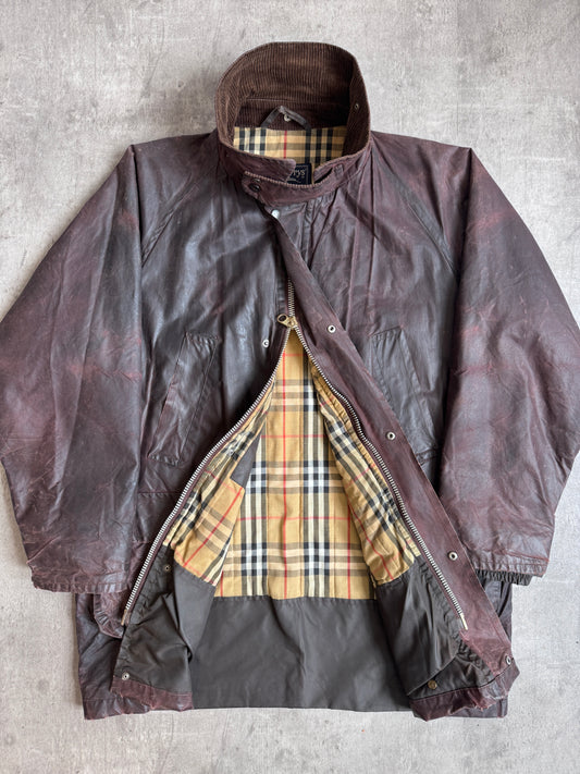 1980's Burberry Nova Check Lined Brown Oilskin Waxed Jacket