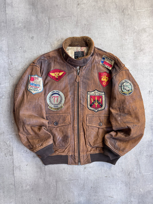Avirex 1986 USN G-1 Patch Detail Brown Leather Bomber Jacket