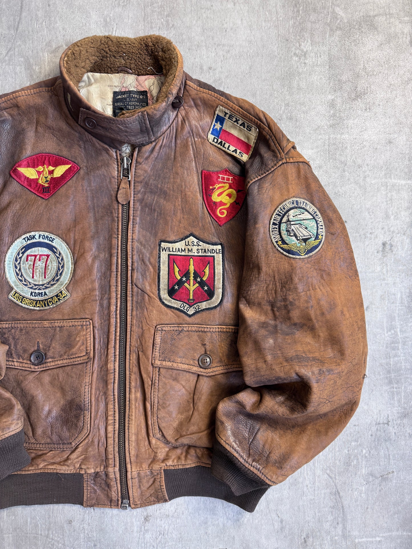 Avirex 1986 USN G-1 Patch Detail Brown Leather Bomber Jacket