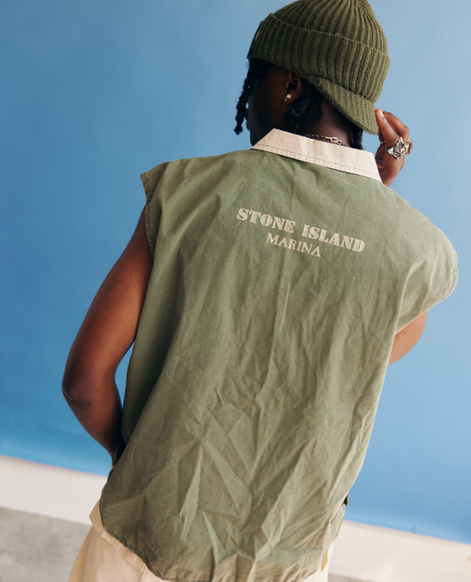 SS1988 Stone Island Marina Reversible Washed Green Tela Stella Collared Vest