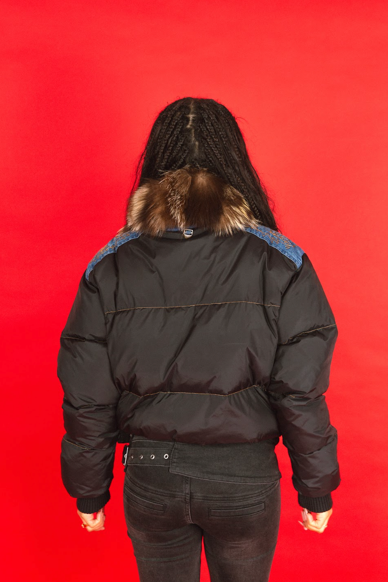 2000's Cavalli Rabbit Fur Denim Trim Down Puffer Jacket