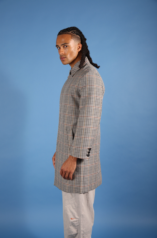 2020 Prada Plaid Houndstooth Impermeable Virgin Wool Car Coat (WW683)