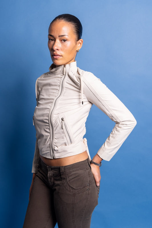Gucci By Tom Ford Cream Shoulder Drawstring Leather Moto Jacket