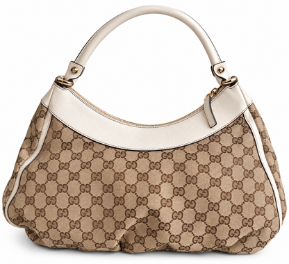 Gucci GG Canvas White Trim Abbey D-Ring Hobo Bag