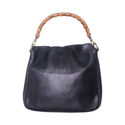 1990s Gucci Black Soft Leather Bamboo Handle Handbag