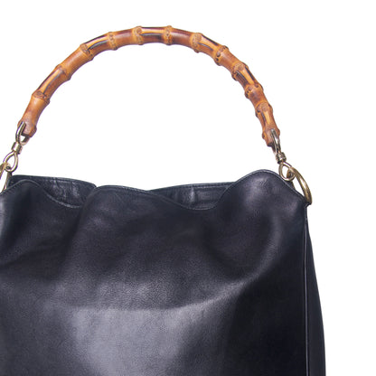 1990s Gucci Black Soft Leather Bamboo Handle Handbag
