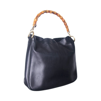 1990s Gucci Black Soft Leather Bamboo Handle Handbag