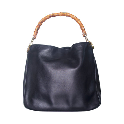 1990s Gucci Black Soft Leather Bamboo Handle Handbag