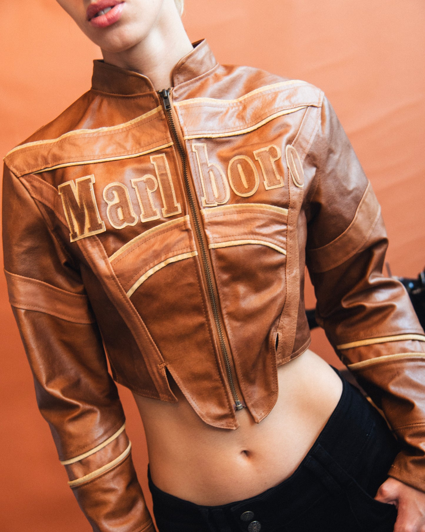 VT Rework : Marlboro Brown Leather Cropped Racing Jacket