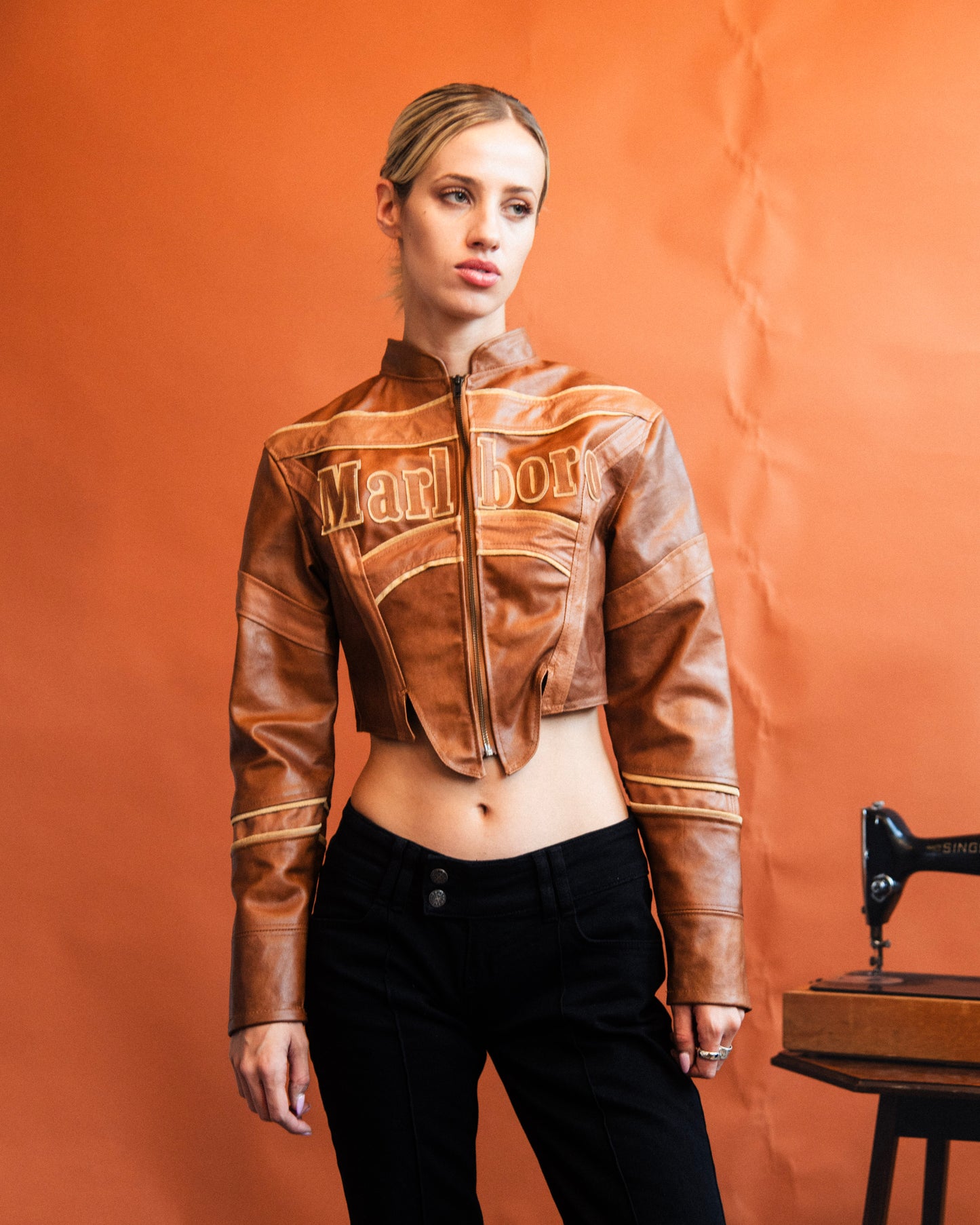 VT Rework : Marlboro Brown Leather Cropped Racing Jacket