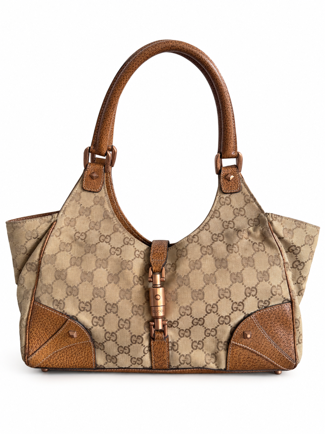 Gucci GG Canvas Jackie Monogram Shoulder Bag with Brown Leather Trim