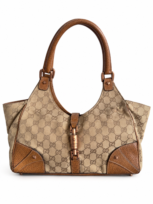 Gucci GG Canvas Jackie Monogram Shoulder Bag with Brown Leather Trim