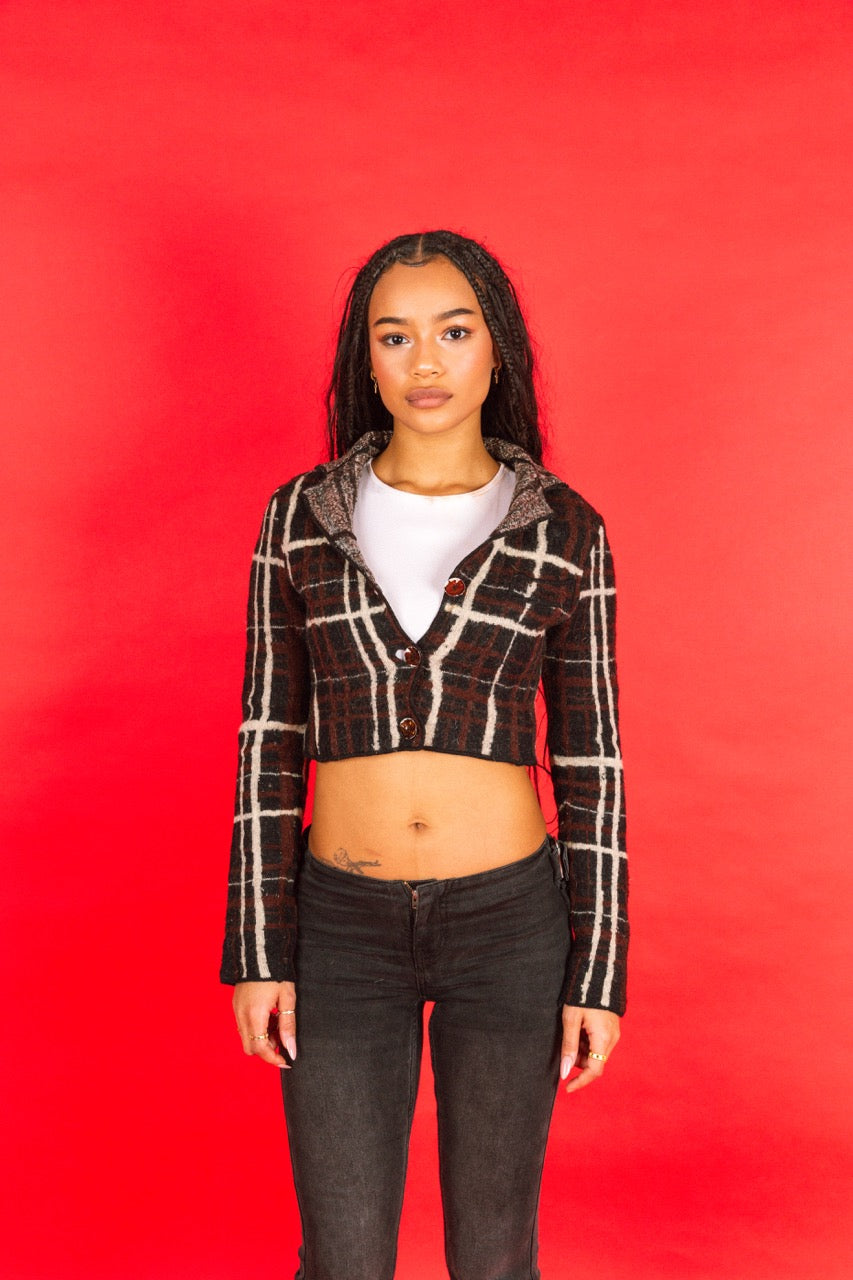 Jean Paul Gaultier Maille Mohair Wool Cropped Check Blazer