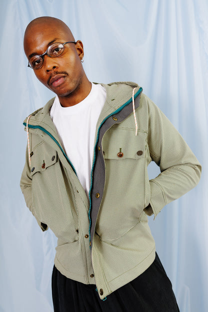 2000s Paul Smith Green Houndstooth Hooded Anorak Jacket