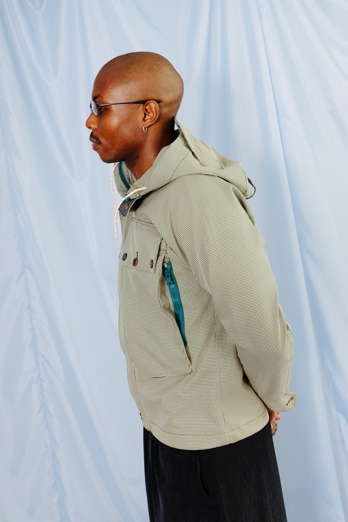 2000s Paul Smith Green Houndstooth Hooded Anorak Jacket