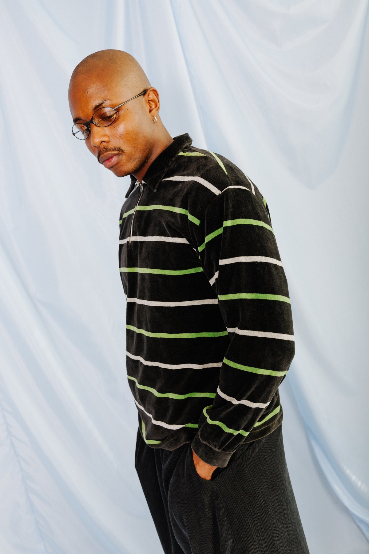 Issey Miyake Striped Velour 1/4 Zip Sweater