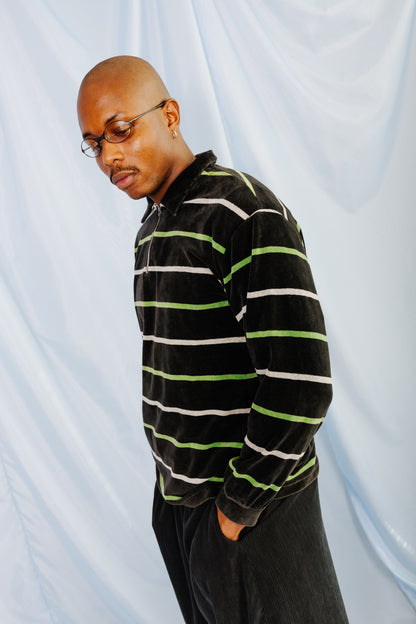 Issey Miyake Striped Velour 1/4 Zip Sweater