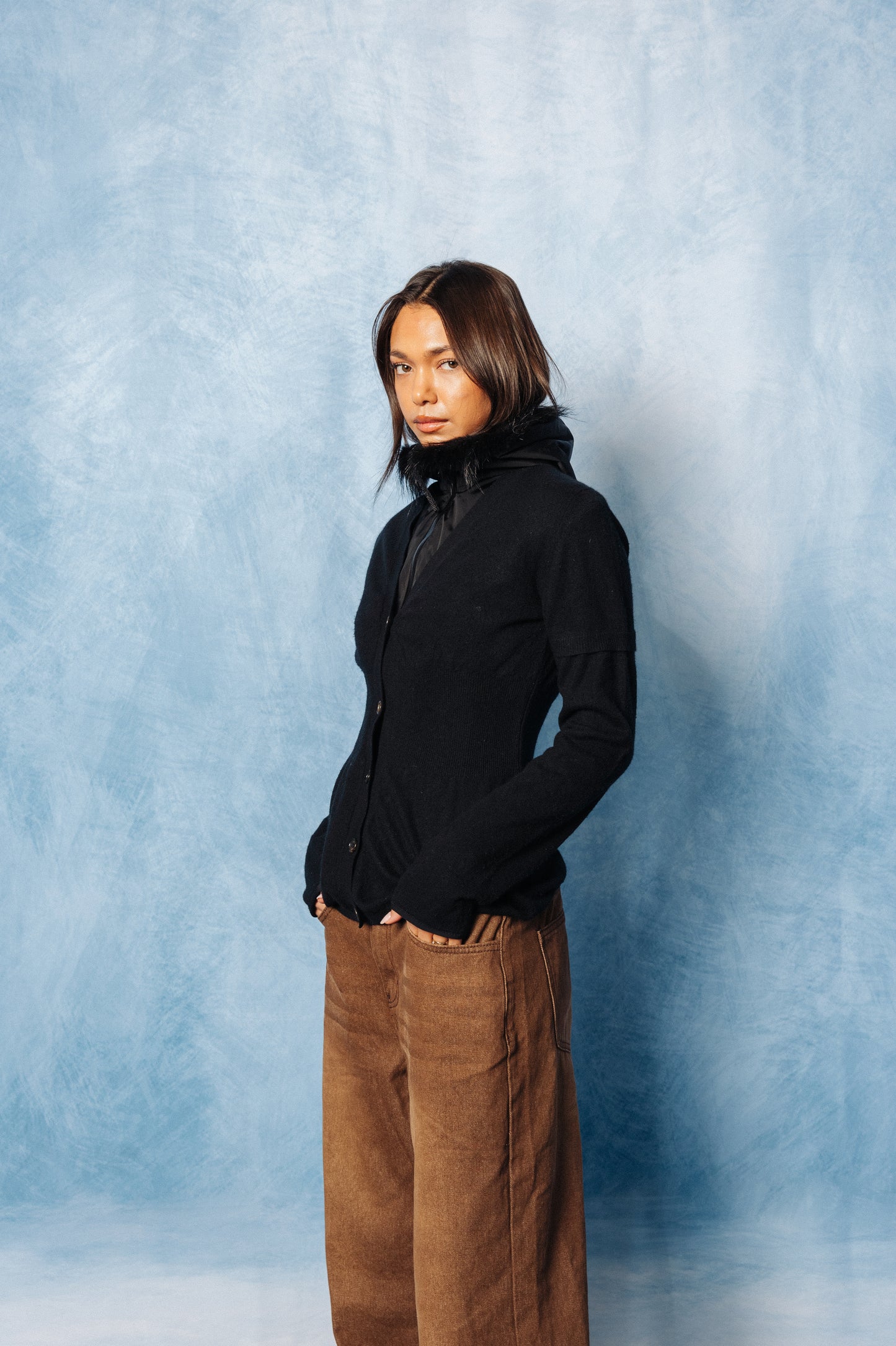 Prada Double Layered Fur Trim Technical Cardigan