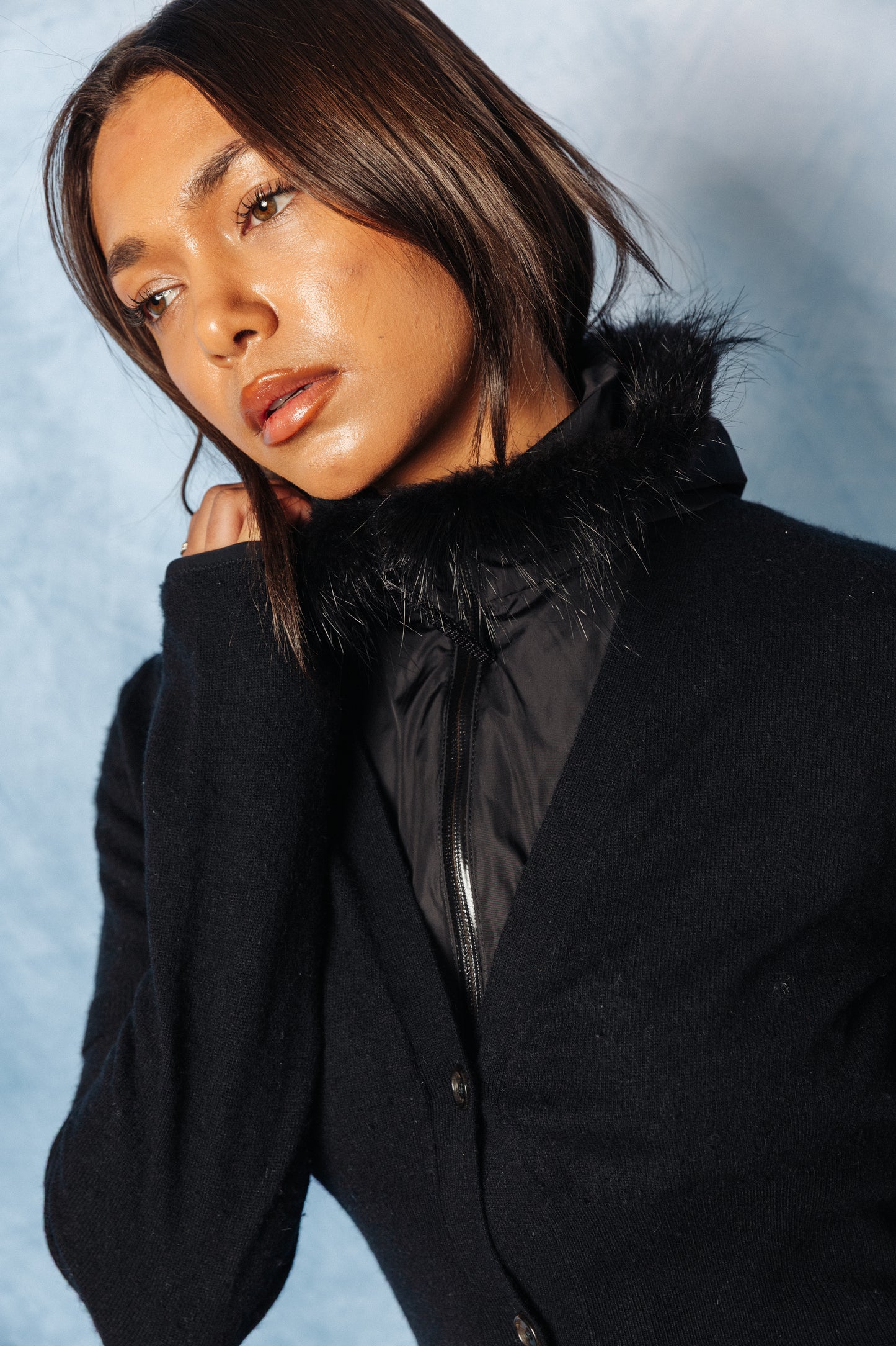 Prada Double Layered Fur Trim Technical Cardigan