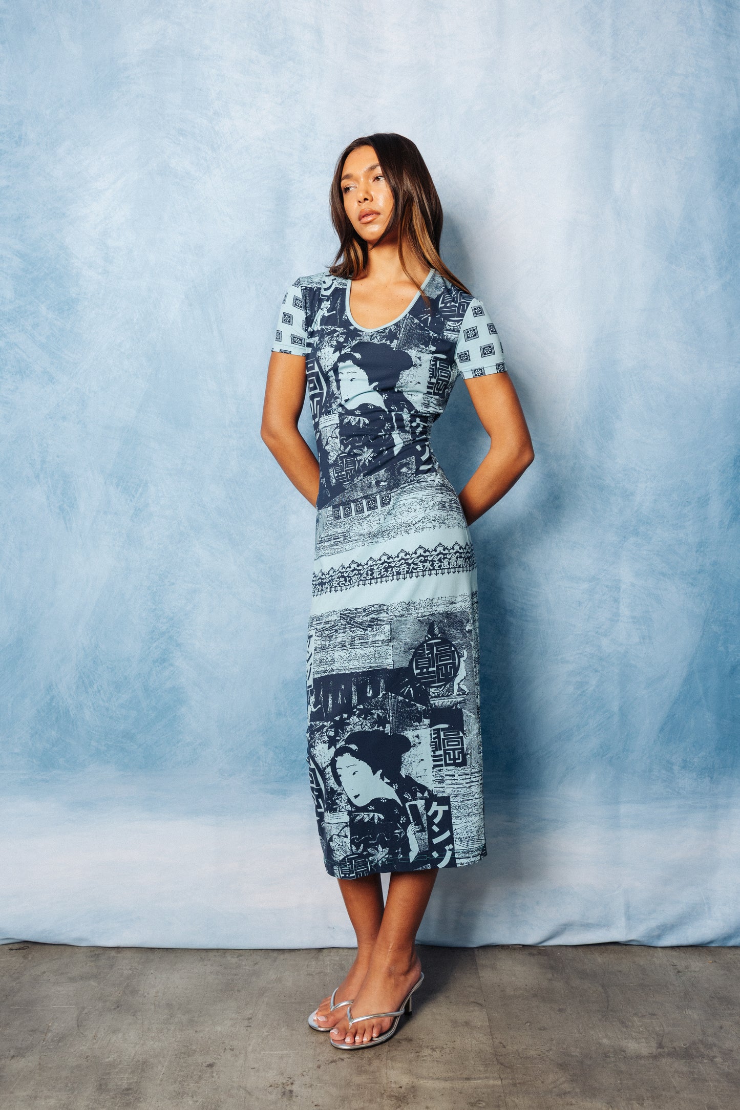 1990's Kenzo Jeans Geisha Print Stretch Maxi Dress