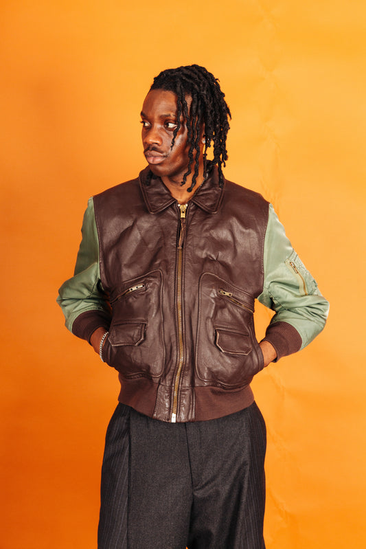 F-17 Type Nylon Sleeve Leather Bomber Jacket