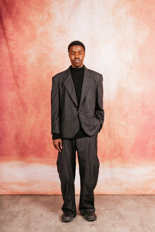 VT Rework: Oversized Wool Felt Pinstripe Patch Blazer