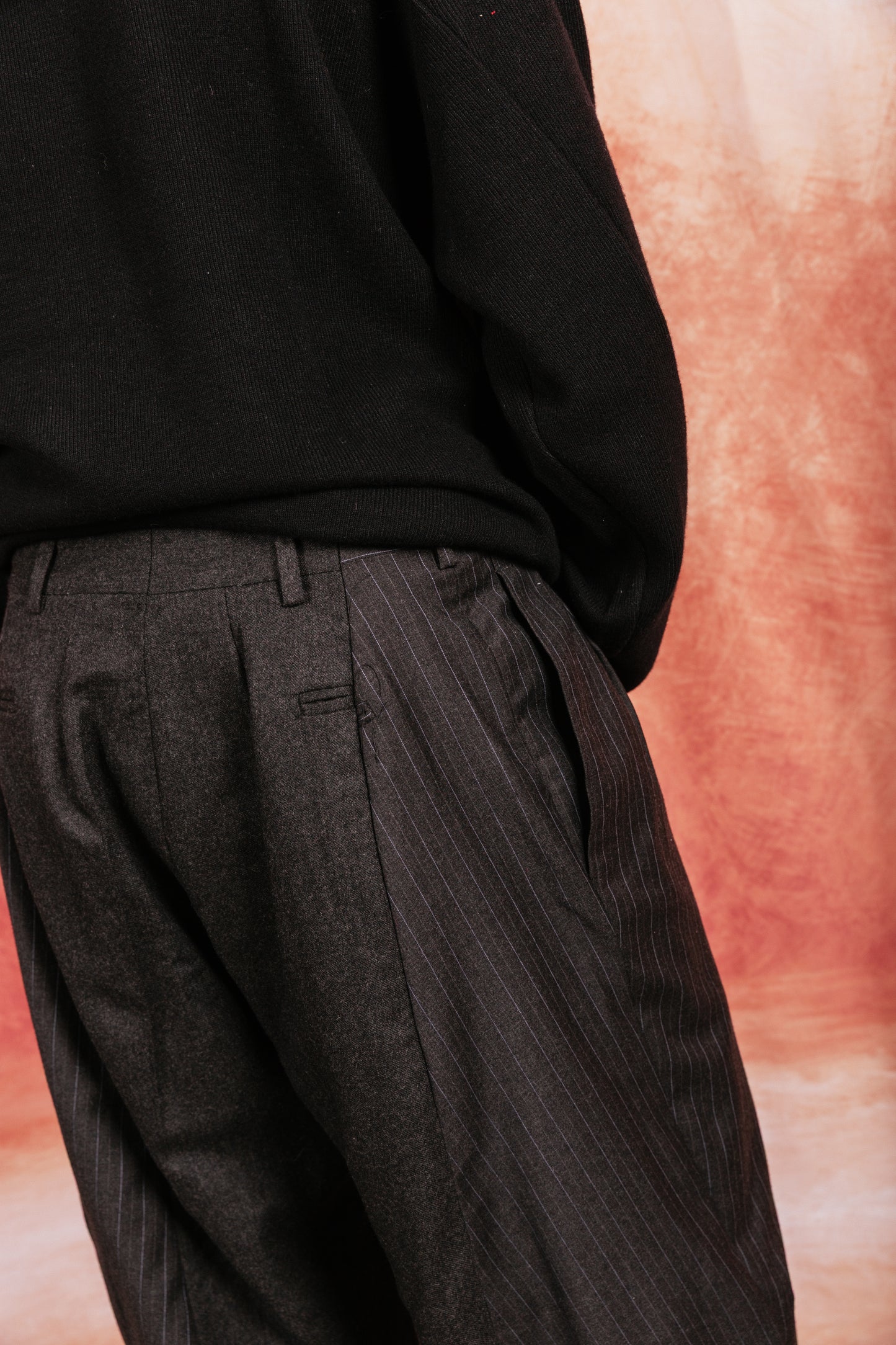 VT Rework: Oversized Wool Felt Pinstripe Patch Suit Trousers