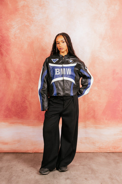 VT Rework: BMW Blue Two Tone Cropper Racer Leather Jacket