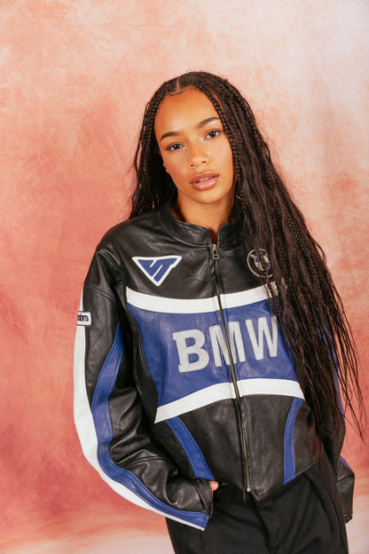 VT Rework: BMW Blue Two Tone Cropper Racer Leather Jacket