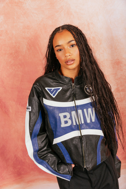 VT Rework: BMW Blue Two Tone Cropper Racer Leather Jacket