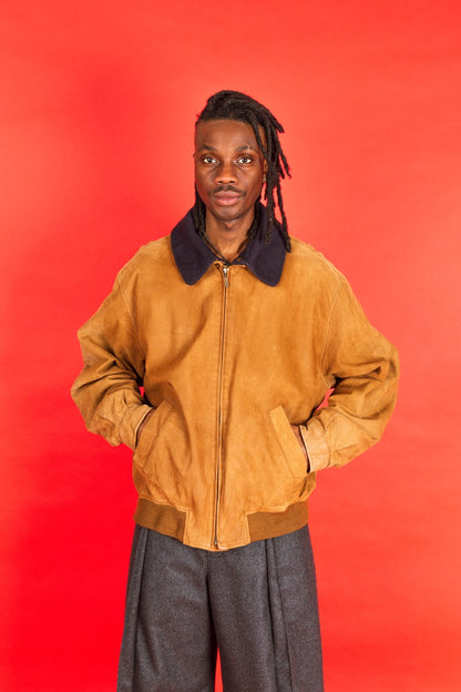 1990's Burberry Tan Leather Wool Trim Bomber Jacket