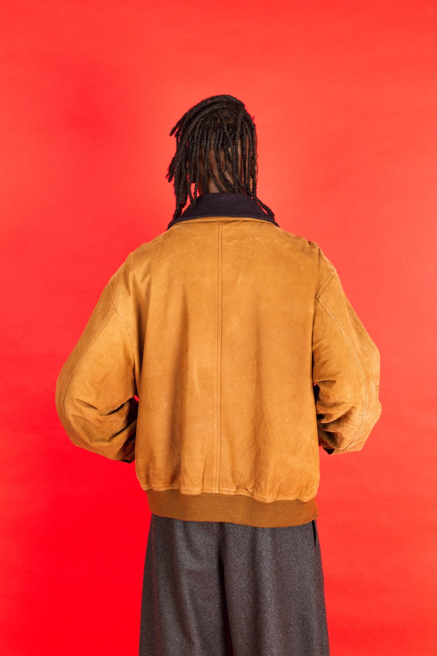 1990's Burberry Tan Leather Wool Trim Bomber Jacket