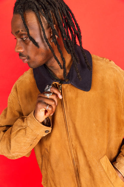 1990's Burberry Tan Leather Wool Trim Bomber Jacket