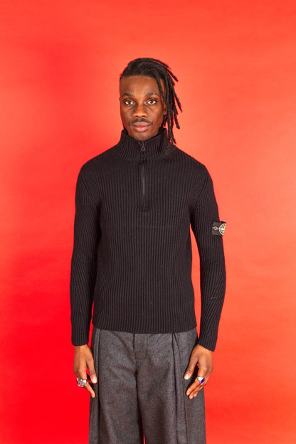 A/W 2004 Stone Island Navy Ribbed Knit 1/4 Zip Sweater