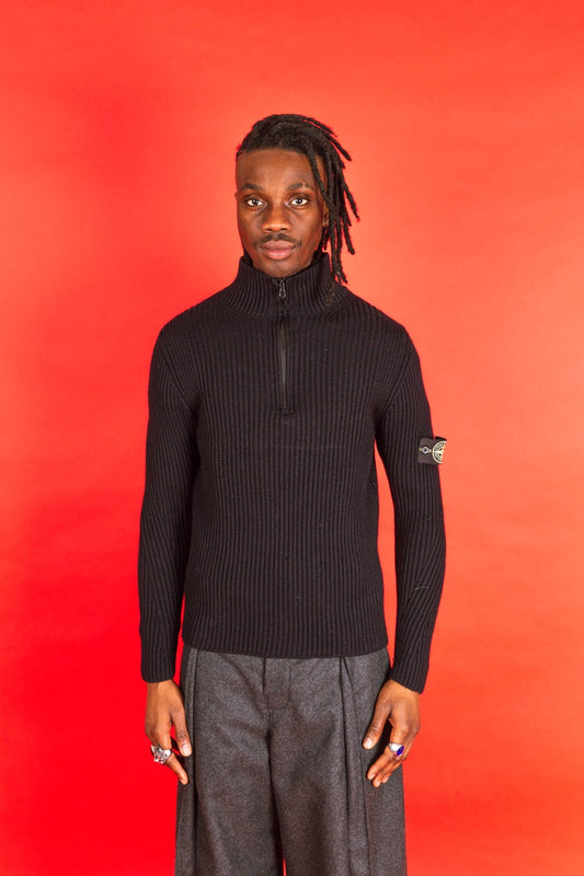 A/W 2004 Stone Island Navy Ribbed Knit 1/4 Zip Sweater