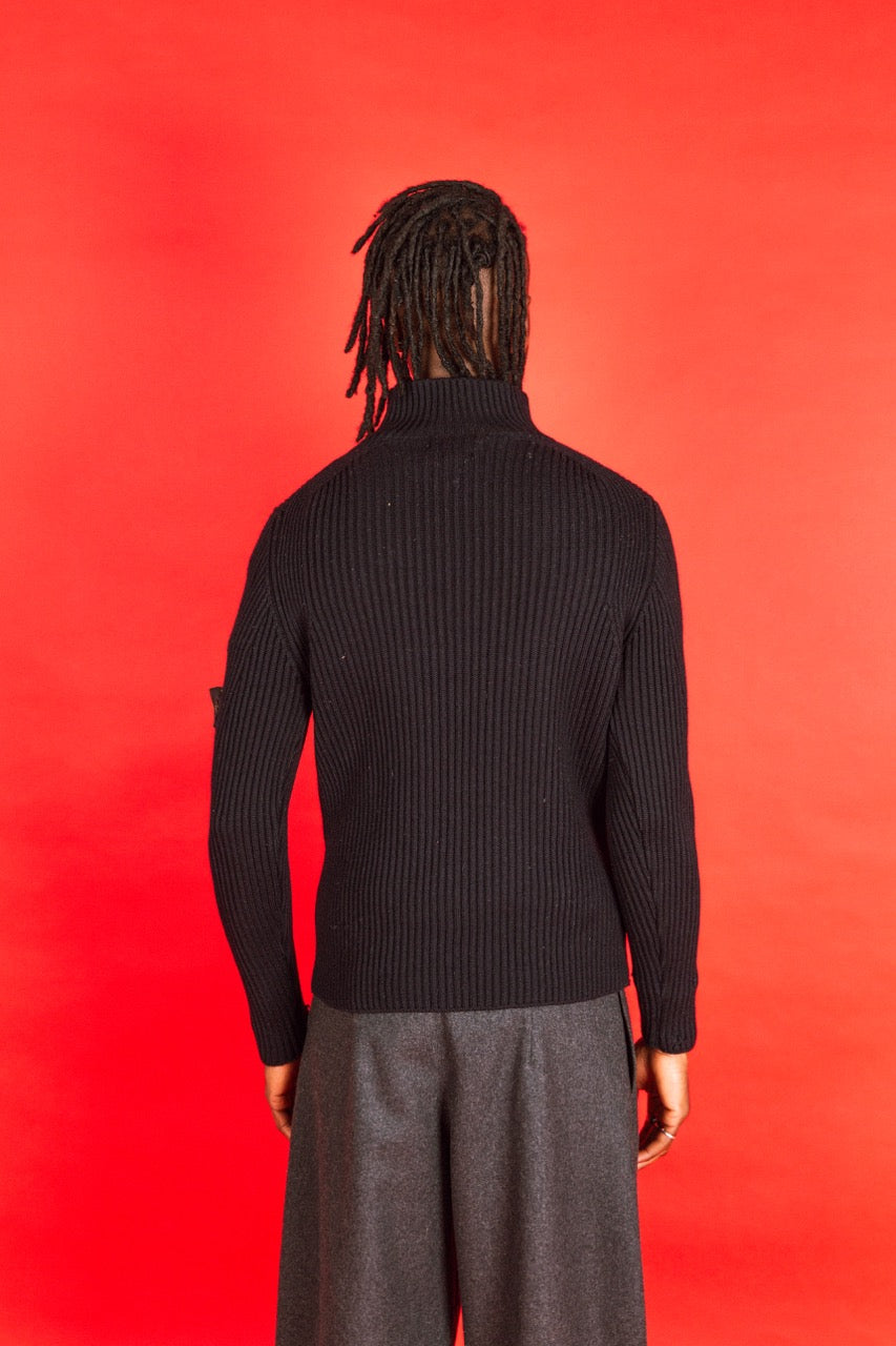 A/W 2004 Stone Island Navy Ribbed Knit 1/4 Zip Sweater