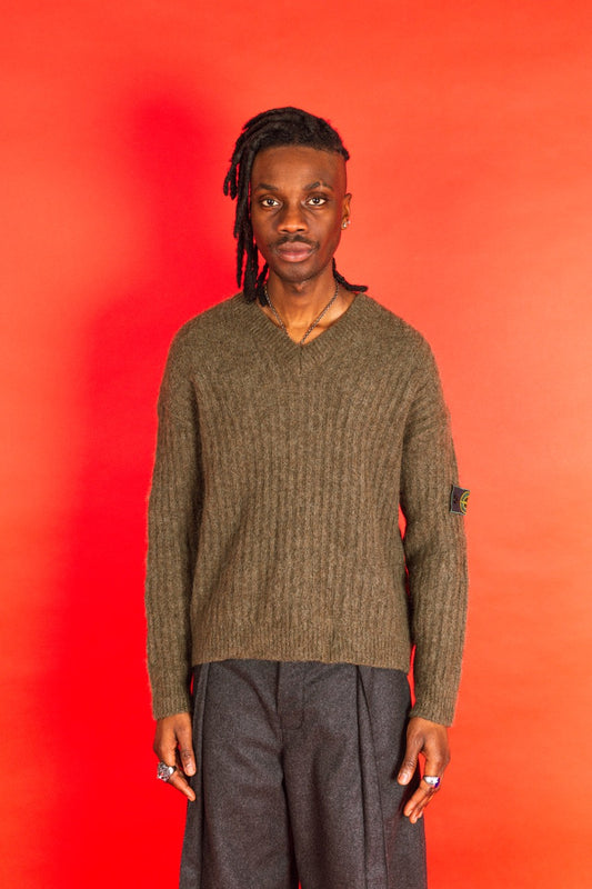 1980's Stone Island Green V-Neck Mohair Wool Sweater