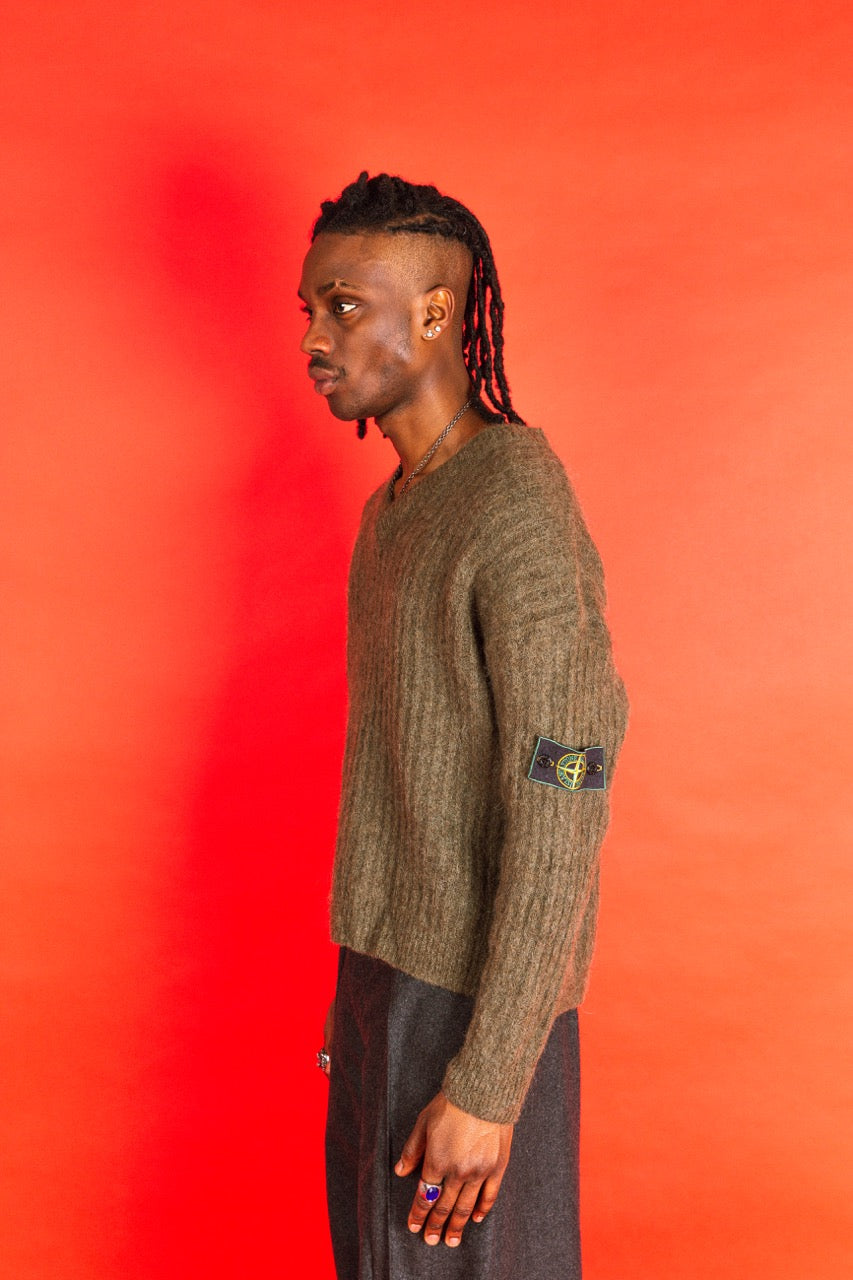 1980's Stone Island Green V-Neck Mohair Wool Sweater