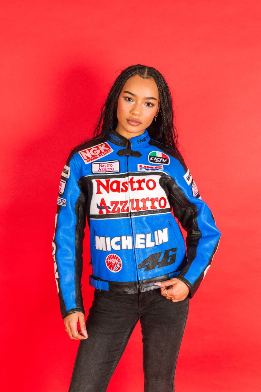 Nastro Azzuro Energie Blue Leather Racer Jacket