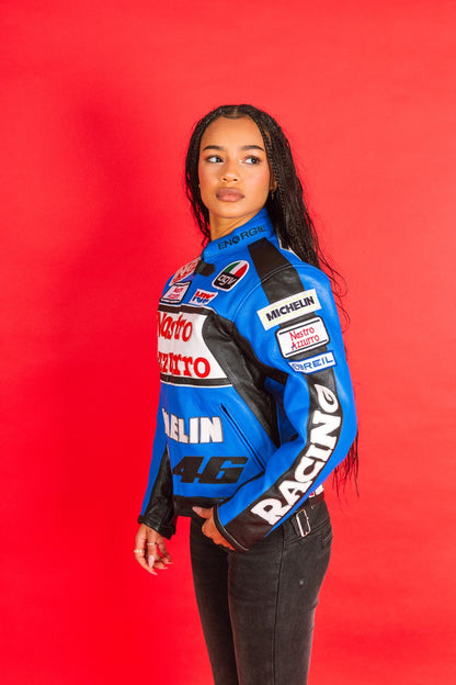Nastro Azzuro Energie Blue Leather Racer Jacket