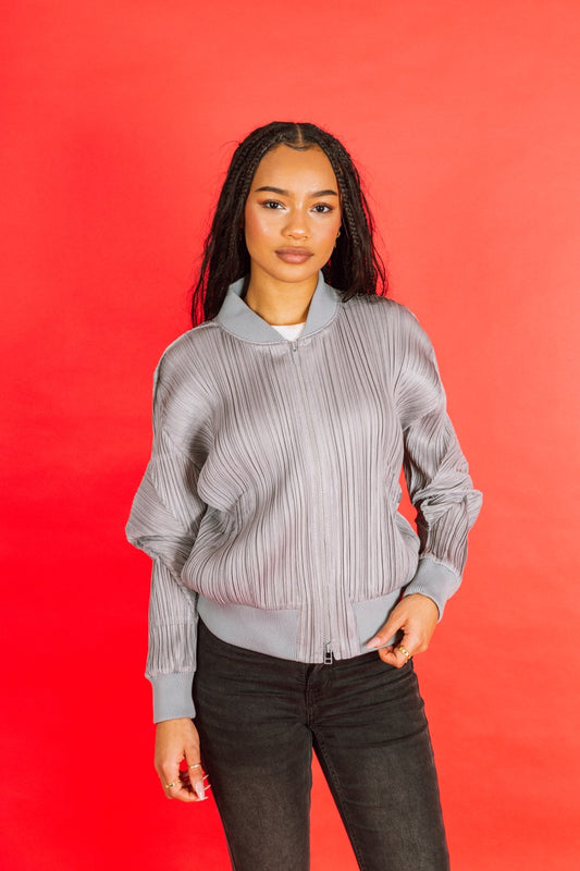Issey Miyake Pleats Please Grey Pleated Cropped Bomber Jacket