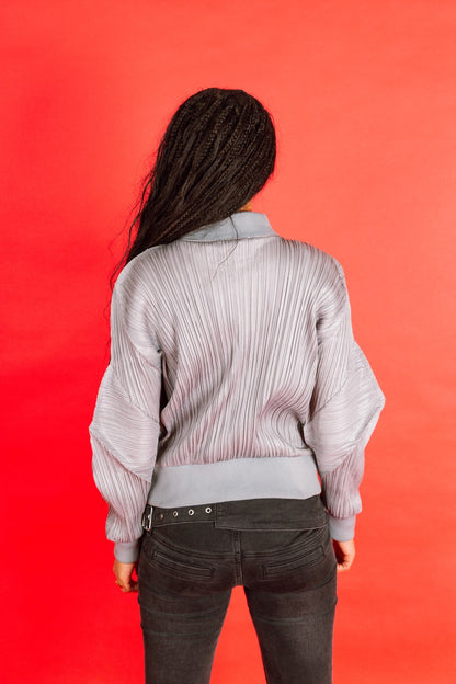 Issey Miyake Pleats Please Grey Pleated Cropped Bomber Jacket