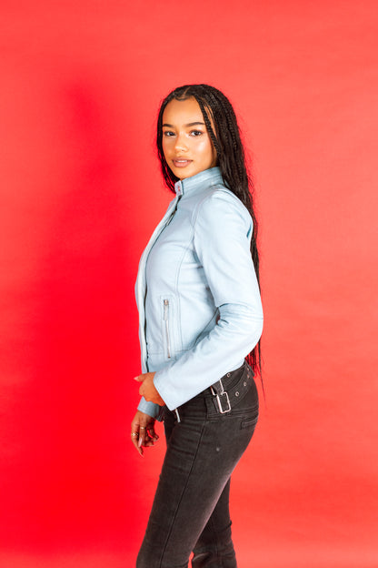 1970s Gucci Baby Blue Asymmetrical Leather Jacket SC: 5782